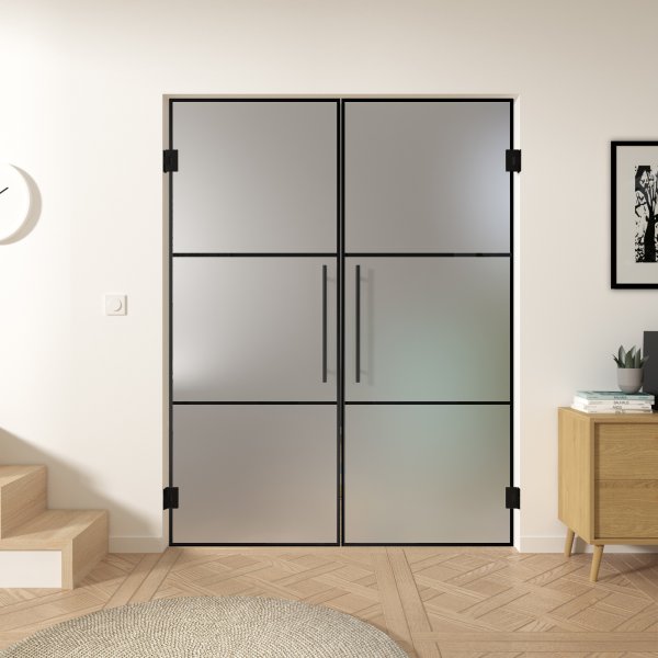 Doppel-Pendeltür aus Glas Industrielook schwarz FRAME 1 Satinato