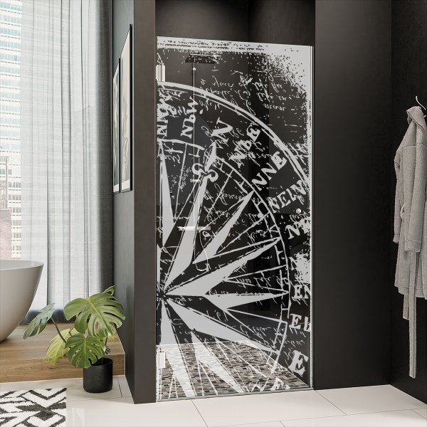 Dusche Glastür nach Maß mit Motiv WINDROSE 101