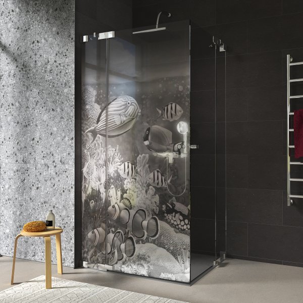 Duschkabine Glas Eckeinstieg mit Motiv FISCHE 3/209