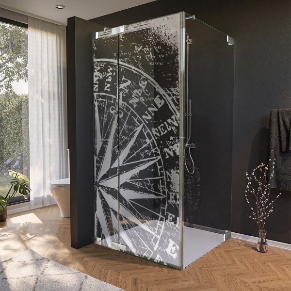 Glas Duschkabine Tür seitlich mit Motiv WINDROSE 210