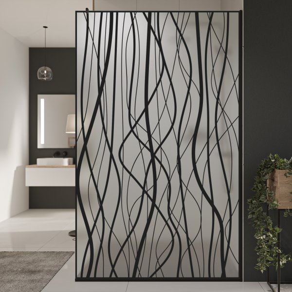 Glastrennwand Dusche Satinato mit schwarzem Druck FRAME FLORA 1