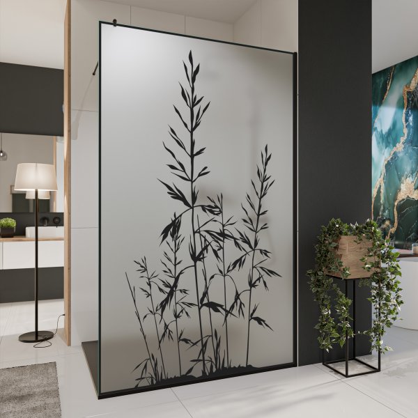 Glastrennwand Dusche Satinato mit schwarzem Druck FRAME GRÄSER