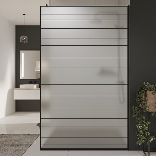 Glastrennwand Dusche Satinato mit schwarzem Druck FRAME LINE 3