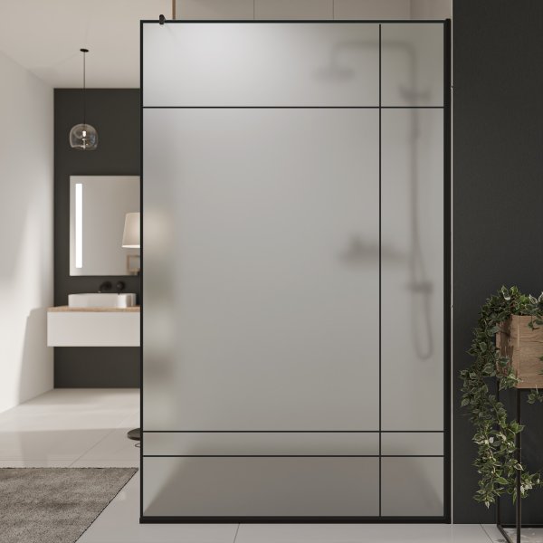 Glastrennwand Dusche Satinato mit schwarzem Druck FRAME LINE