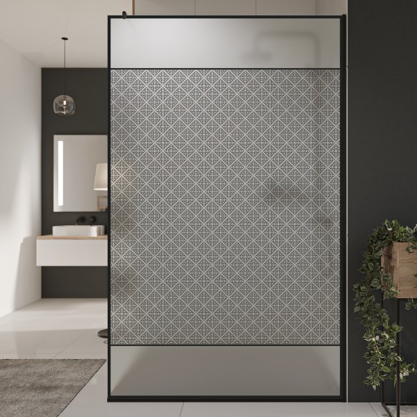 Glastrennwand Dusche Satinato mit schwarzem Print FRAME SQUARES 2