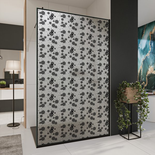 Glastrennwand Dusche Satinatoglas mit schwarzem Druck FRAME BLUMEN 2