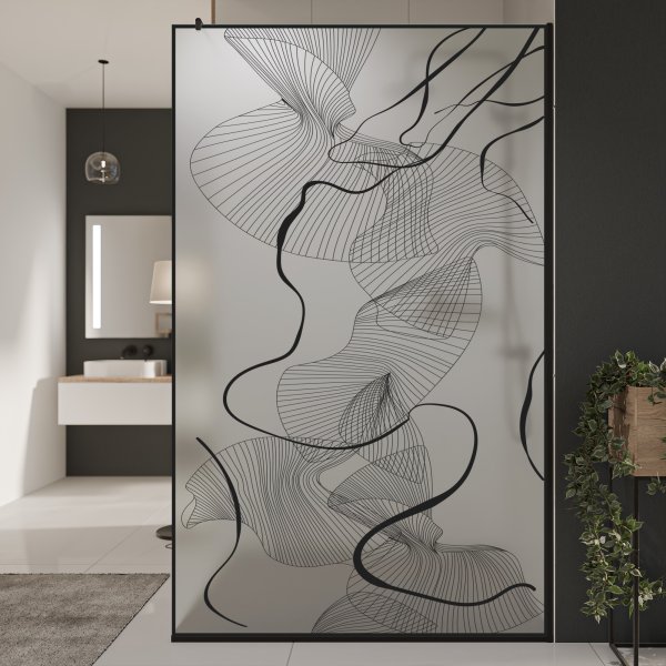 Glastrennwand Dusche Satinatoglas mit schwarzem Druck FRAME CHAOS