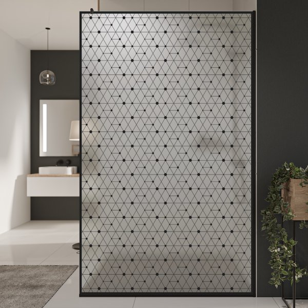 Glastrennwand Dusche Satinatoglas mit schwarzem Druck FRAME TRIANGEL