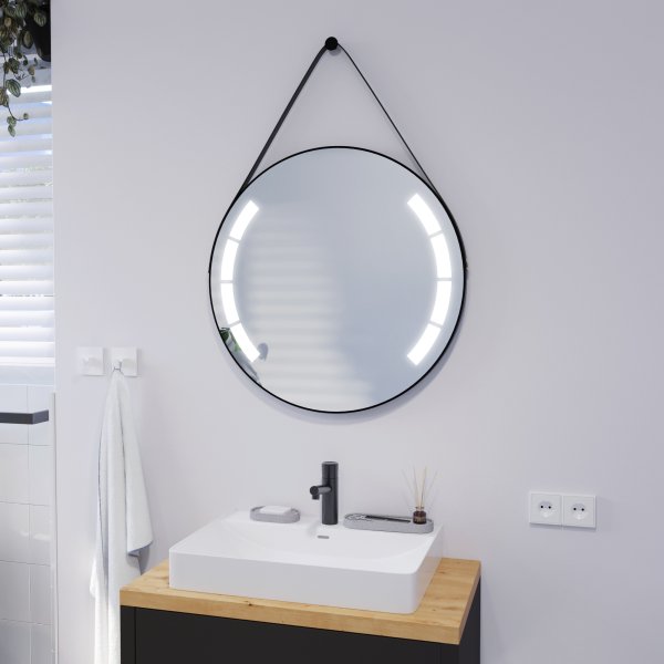 Runder LED Spiegel mit Riemen schwarz BIANCA 2R
