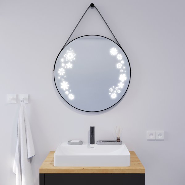 Runder LED Spiegel mit Riemen schwarz JULIET 2R