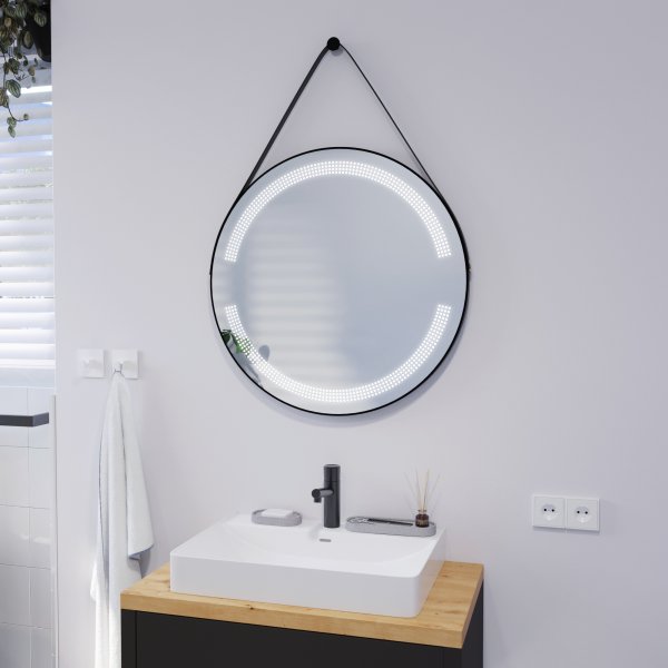 Runder LED Spiegel mit Riemen schwarz OPHELIA 2R