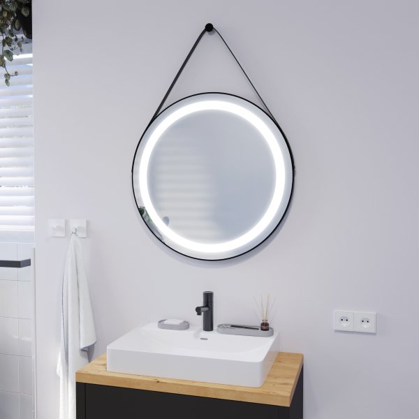 Runder LED Spiegel mit Riemen schwarz PLUTO 2R
