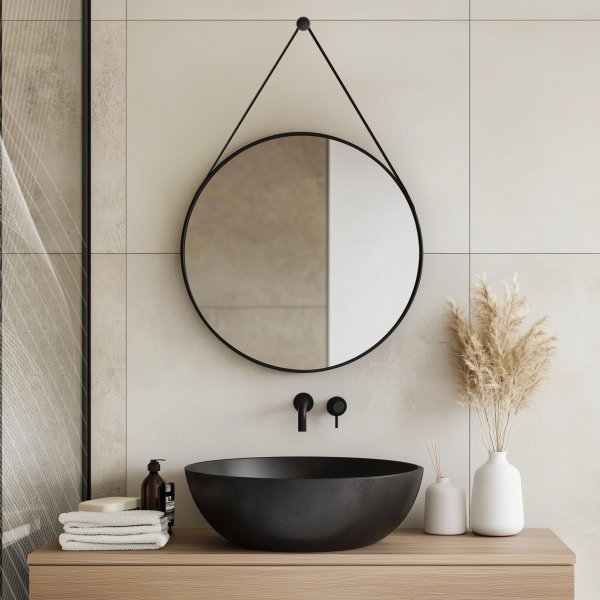 Runder Spiegel mit Riemen schwarz MANDY 2R