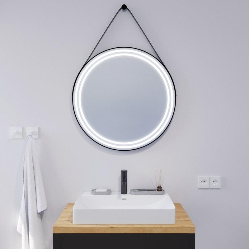 Runder LED Spiegel mit Riemen schwarz DIONE 2R