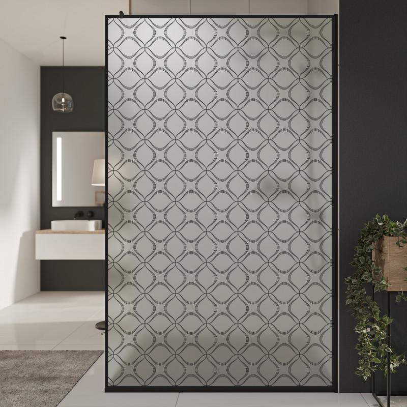 Glastrennwand Dusche Satinatoglas mit schwarzem Druck FRAME BLOSSOM