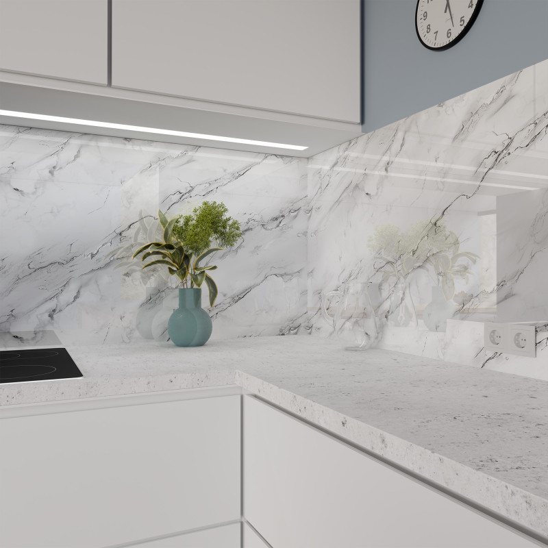 Küchenrückwand ESG Glas 6mm mit keramischen Farbdruck MARMOR WEISS 1