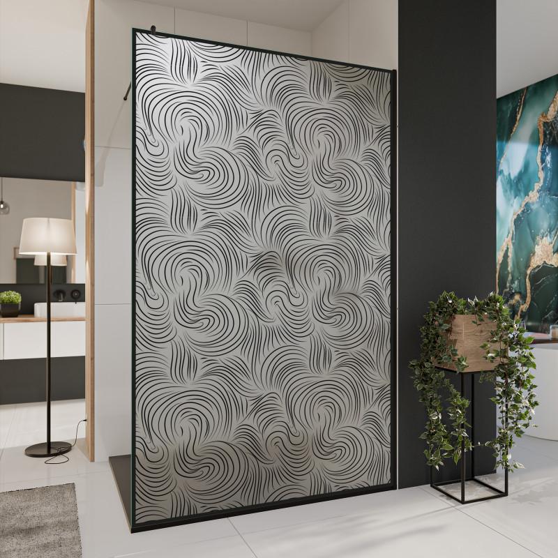 Glastrennwand Dusche Satinatoglas mit schwarzem Print FRAME VORTEX