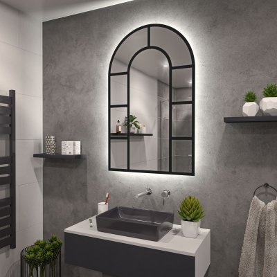LED Spiegel in Bogen-Fenster Optik schwarz Teillack F655L4BTL