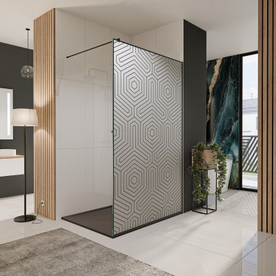 Glastrennwand Dusche Satinato mit schwarzem Druck FRAME HEXAGON