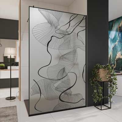 Glastrennwand Dusche Satinatoglas mit schwarzem Druck FRAME CHAOS