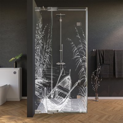 Glas Duschkabine Tür seitlich mit Motiv BOOT IM SCHILF 210