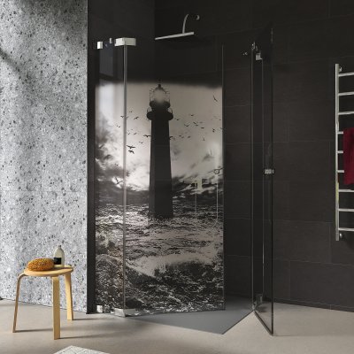 Duschkabine Glas Eckeinstieg mit Motiv LEUCHTTURM 2/209