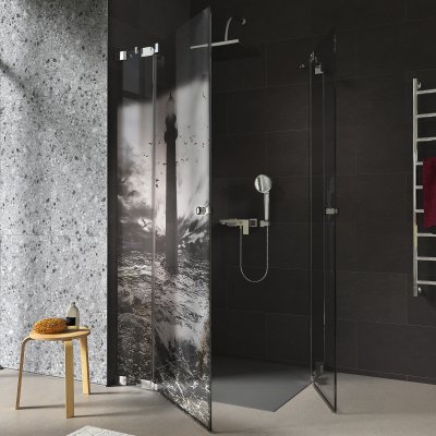 Duschkabine Glas Eckeinstieg mit Motiv LEUCHTTURM 2/209