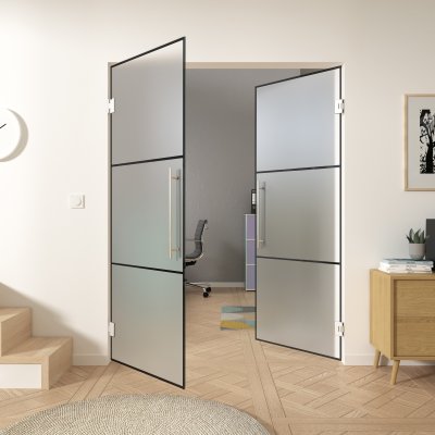 Doppel-Pendeltür aus Glas Industrielook schwarz FRAME 1 Satinato