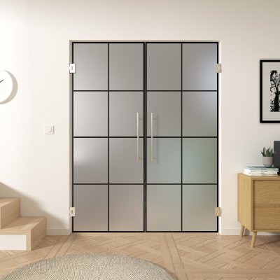 Doppel-Glas-Pendeltür Industrielook schwarz FRAME 2 Satinato