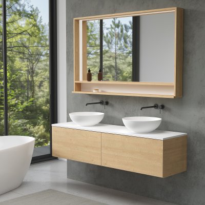 Spiegel mit Holzrahmen, Beleuchtung und Fach - Madera 11