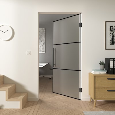 Pendeltür aus satiniertem Glas Industrielook schwarz FRAME 1 Satinato