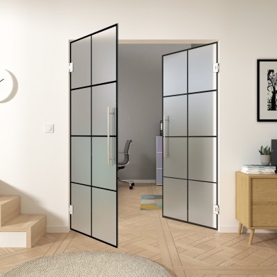 Doppel-Glas-Pendeltür Industrielook schwarz FRAME 2 Satinato