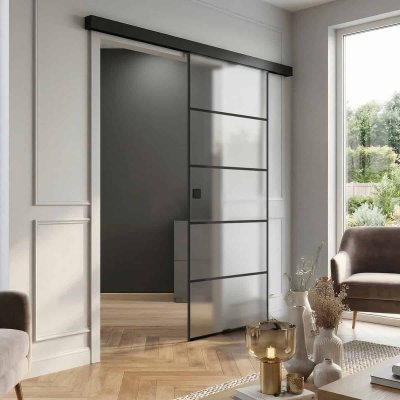 Glasschiebetür Industrielook schwarz FRAMEL 10/GF SATINATO