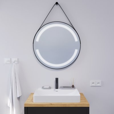 Runder LED Spiegel mit Riemen schwarz OPHELIA 2R