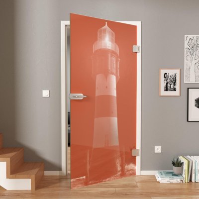 Glastür lackiert mit Laser-Motiv LEUCHTTURM