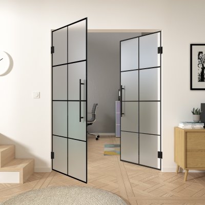 Doppel-Glas-Pendeltür Industrielook schwarz FRAME 2 Satinato
