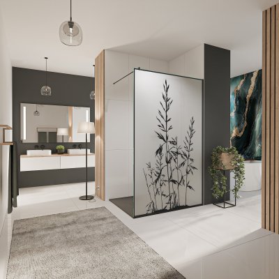Glastrennwand Dusche Satinato mit schwarzem Druck FRAME GRÄSER