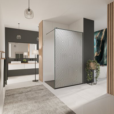 Glastrennwand Dusche Satinato mit schwarzem Druck FRAME HEXAGON