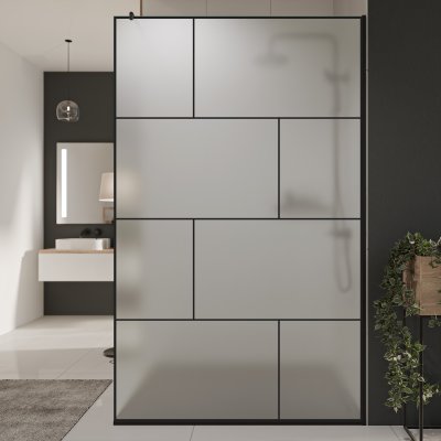 Glastrennwand Dusche Satinatoglas mit schwarzem Druck FRAME BRICK