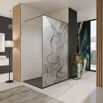 Glastrennwand Dusche Satinatoglas mit schwarzem Druck FRAME CHAOS