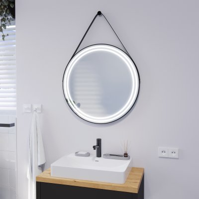 Runder LED Spiegel mit Riemen schwarz DIONE 2R