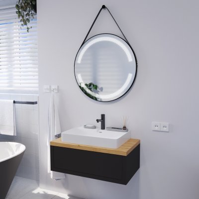 Runder LED Spiegel mit Riemen schwarz OPHELIA 2R