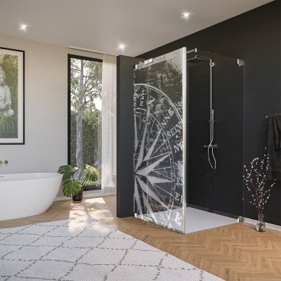 Glas Duschkabine Tür seitlich mit Motiv WINDROSE 210
