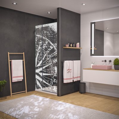 Glas Duschtür auf Maß mit Motiv WINDROSE 104