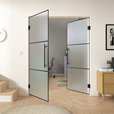 Doppel-Pendeltür aus Glas Industrielook schwarz FRAME 1 Satinato
