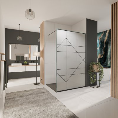 Glastrennwand Dusche aus Satinatoglas mit schwarzem Druck FRAME RAUTE