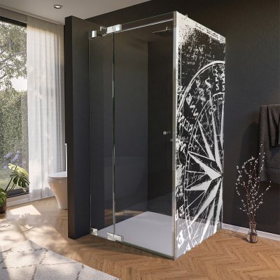 Glas Duschkabine Tür seitlich mit Motiv WINDROSE 210