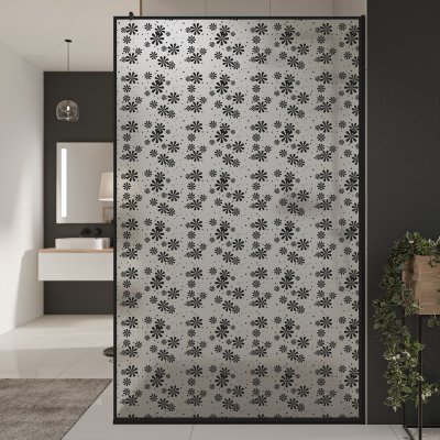 Glastrennwand Dusche Satinatoglas mit schwarzem Druck FRAME BLUMEN 2