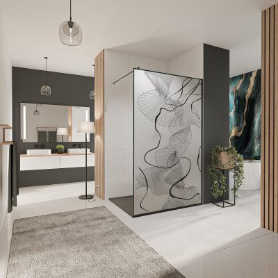 Glastrennwand Dusche Satinatoglas mit schwarzem Druck FRAME CHAOS