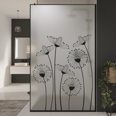 Glastrennwand Dusche Satinatoglas mit schwarzem Druck FRAME DANDELION